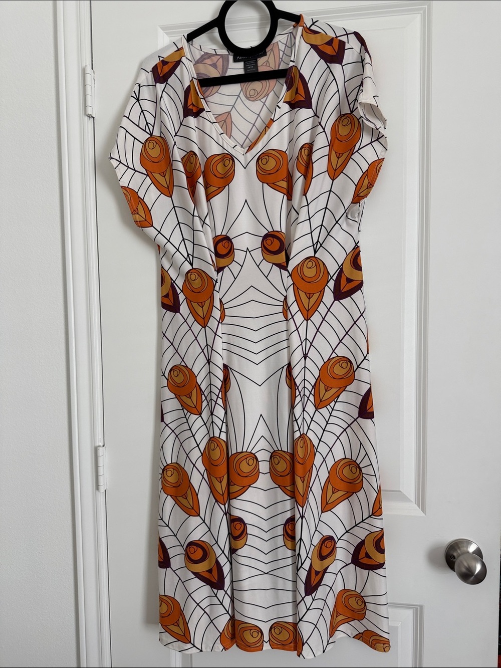 Ashley Stewart White Dress with Orange, Purple & Brown Geometric Print